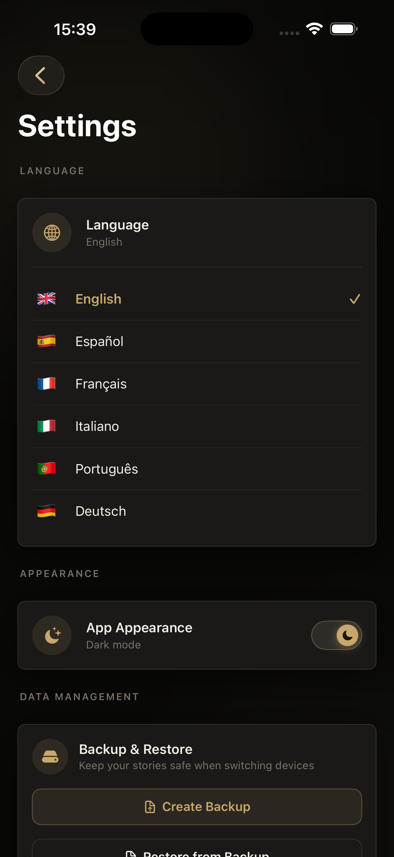 Language settings in Treasured Voices